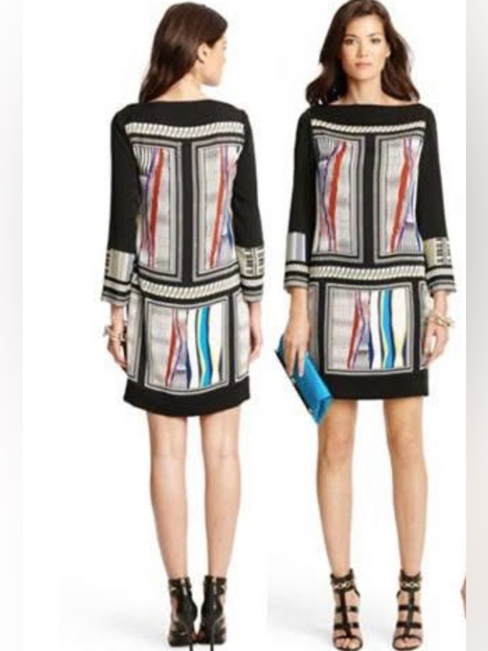 Diane Von Furstenberg Black Geometric-Panel Mini Dress with Multicolor Stripes